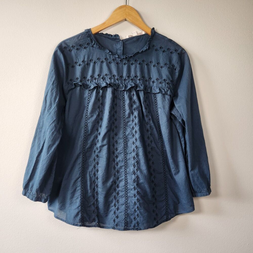LOFT Blue Embroidered Romantic Blouse Womens L Boho Prairie Cottagecore Top